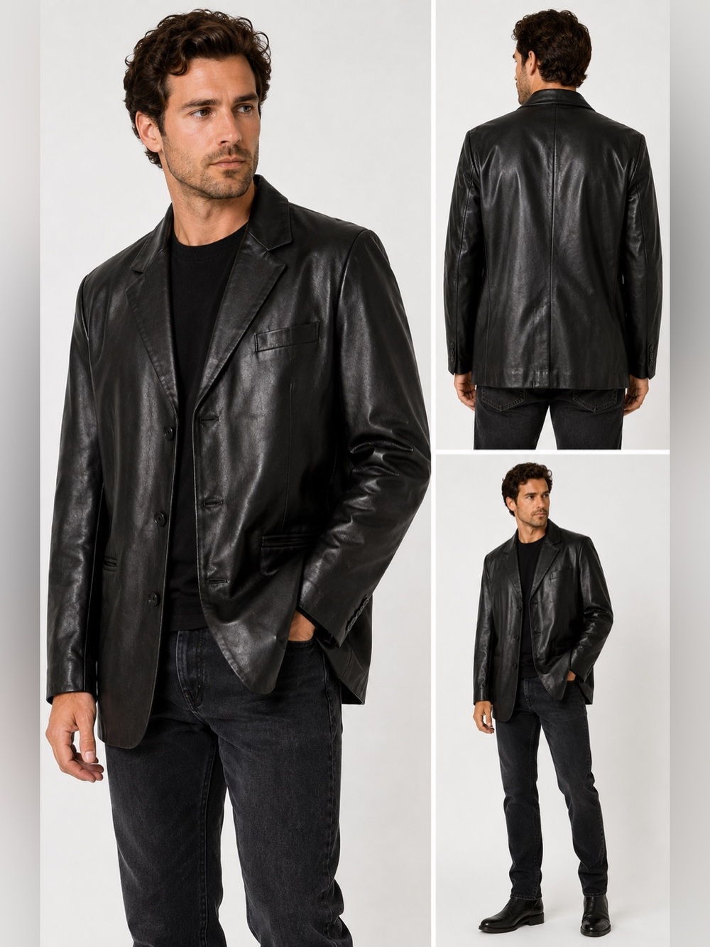 Reaction Kenneth Cole Large Genuine Leather Blazer Jacket 90s Minimalist Black